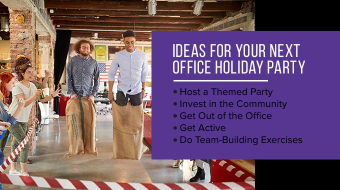holiday party that includes a potato sack race