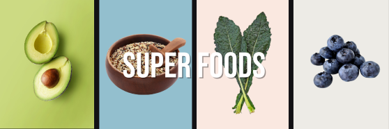 Super Foods image with avocado kale blueberries
