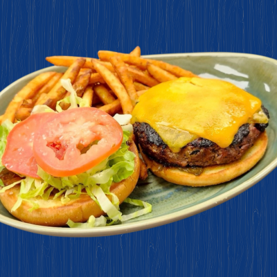 Classic American cheeseburger with a side of fries from Hydraulic Bar