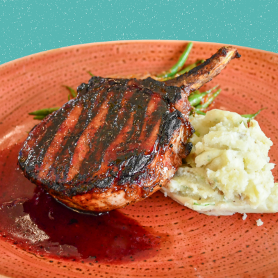 Grilled center cut Duroc pork chop at Forklift & Palate