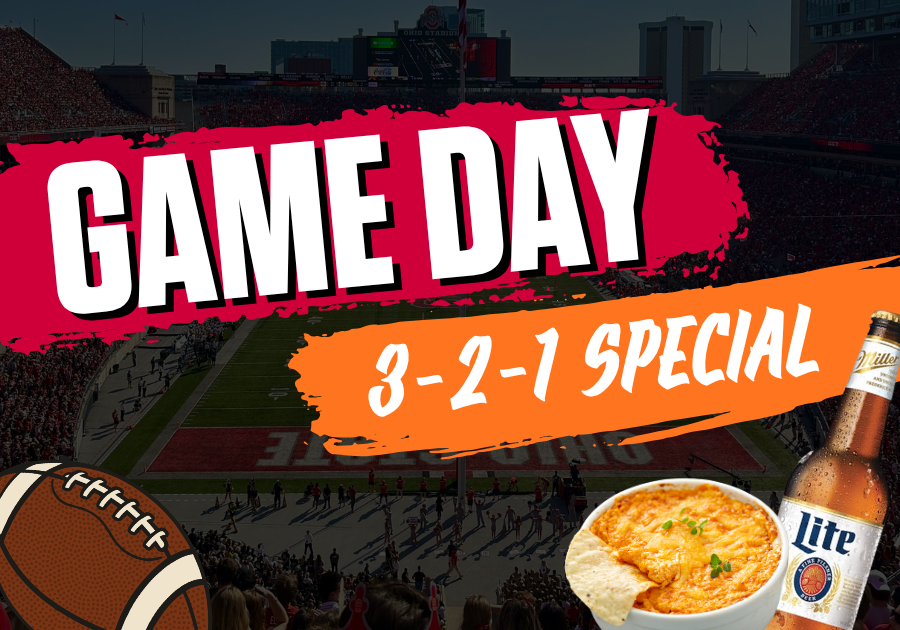Inside 18 Football Game Day Special with buffalo chicken dip and Miller Lite beer bottle on a football stadium in Columbus, OH