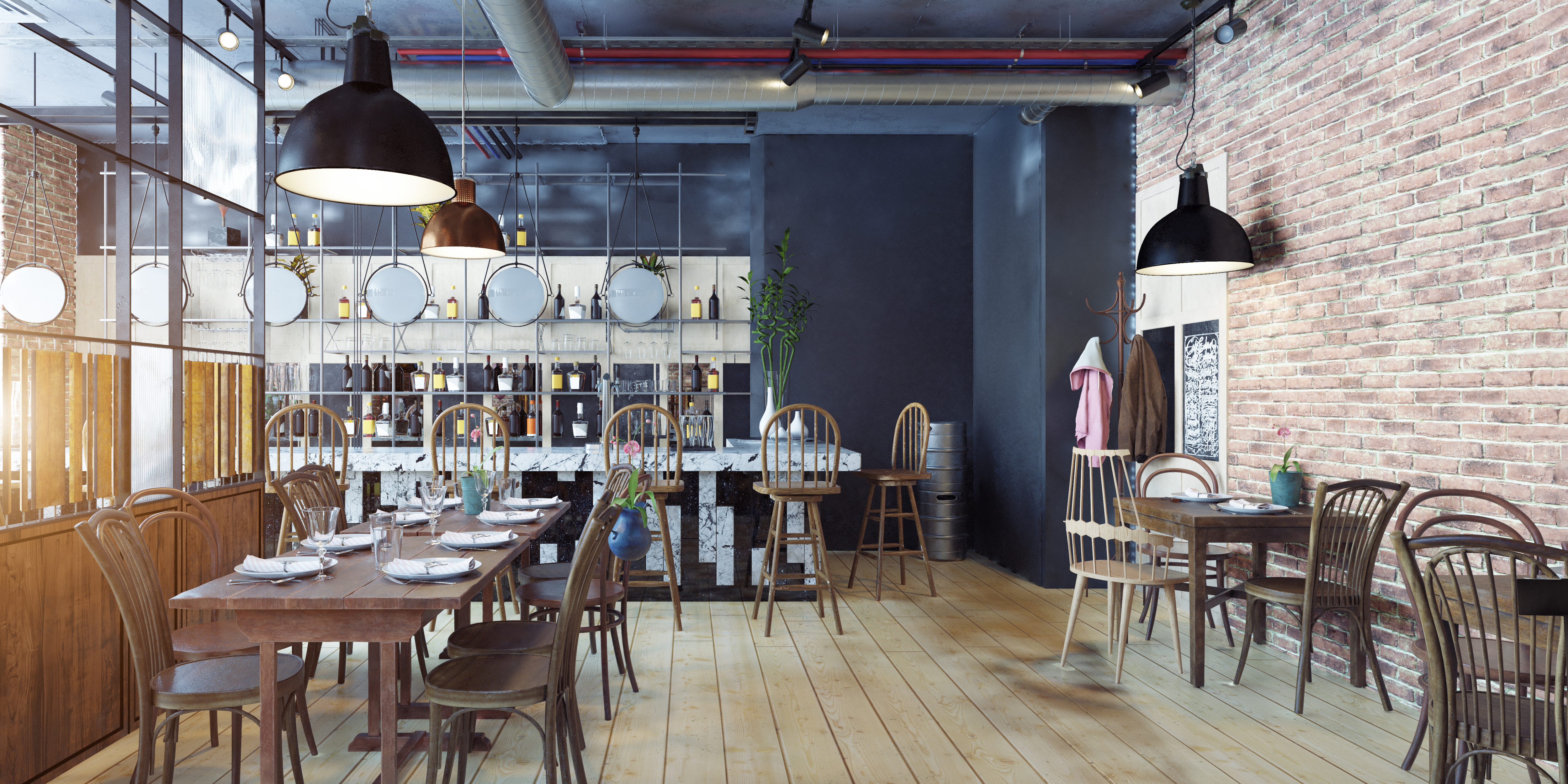 coffee shop with wooden chairs and tables